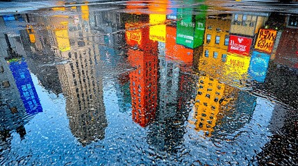 A vibrant cityscape reflected in rainwater, showcasing colorful signs and buildings, capturing a dynamic urban atmosphere.