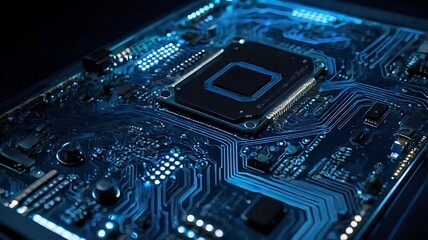 Fototapeta premium Sleek Futuristic Circuit Board with Glowing Blue Lines and Microchips