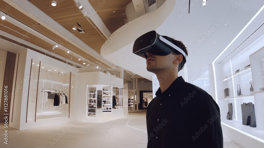 Aufkleber young man experiences virtual reality technology in modern retail store designed for immersive shopp