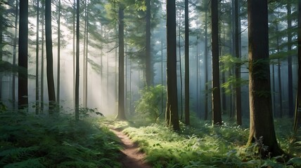 Obraz premium Tranquil Forest Scene with Sunlight and Misty Gradient