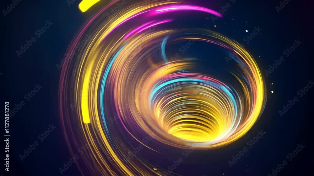 Poster vibrant abstract tunnel of swirling neon light patterns creates colorful motion spiral, showcasing d