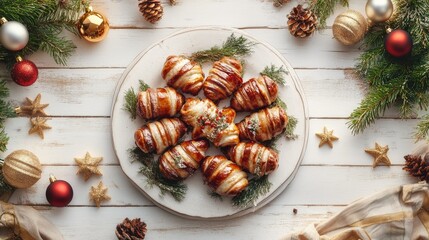 Festive Holiday Platter with Bacon-Wrapped Delights and Decorations