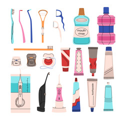 Set of oral hygiene products in a flat style. Different toothbrushes, tubes of toothpaste, dental floss, mouth rinse, irrigator. Teeth cleaning accessories. Colorful vector set