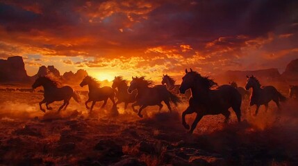 Majestic Wild Horses Running in Sunset Over Vibrant Landscape