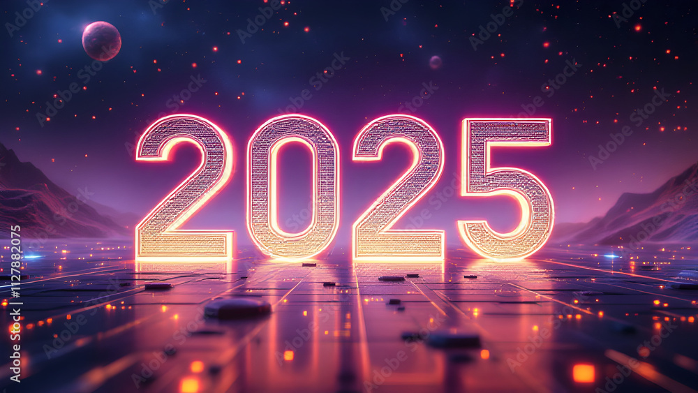 Poster 2025 new year 3d text on futuristic technology background.