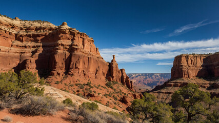 A dramatic canyon with layered red rock under a clear blue sky
