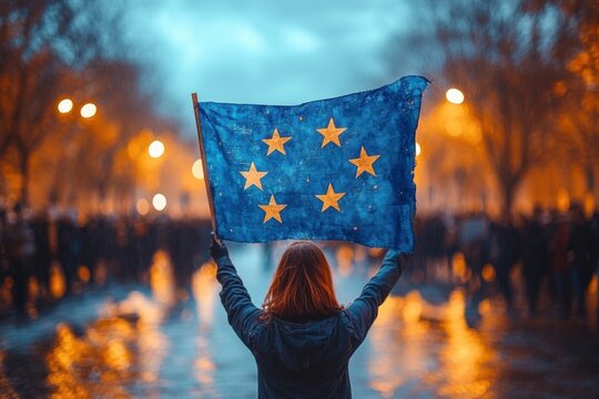 Polish and European Union Flag Held High in Vibrant Protest Scene