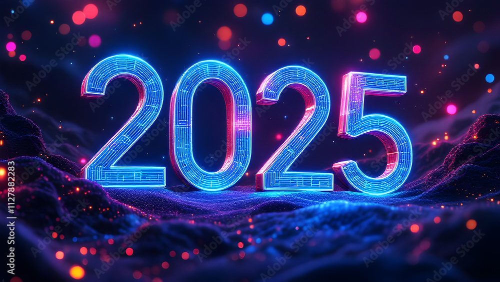 Aufkleber 2025 new year 3d text on futuristic technology background.