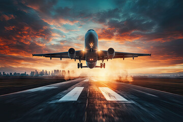 Airplane taking off at the airport, engines roaring, leaving a trail of condensation. Copyspace on the right. Vibrant sunset lighting. Skyline and airport field in the background