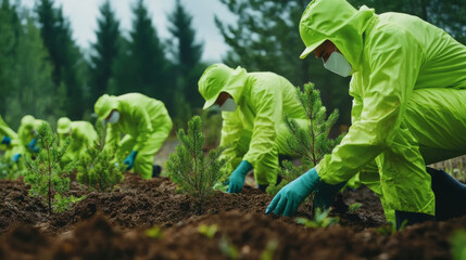 Planting young trees in reforestation project, workers in bright green suits. team is dedicated to environmental conservation and sustainability efforts