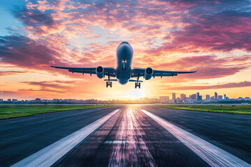 Airplane taking off at the airport, engines roaring, leaving a trail of condensation. Copyspace on the right. Vibrant sunset lighting. Skyline and airport field in the background