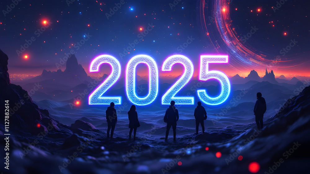 Poster 2025 new year 3d text on futuristic technology background.