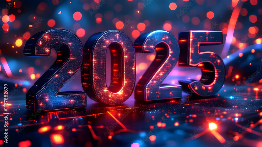 Poster 2025 new year 3d text on futuristic technology background.