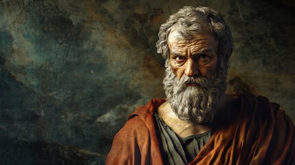 Aged man, long beard, orange robe, intense gaze.
