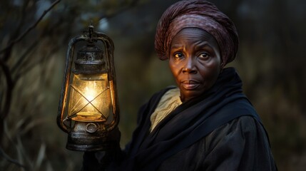 Woman holds lantern, dark background.