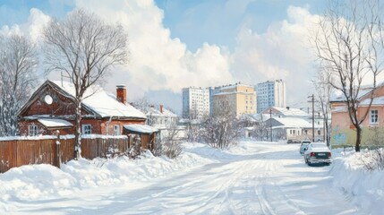 Winter Street Scene with Snowy Landscapes and Urban Background