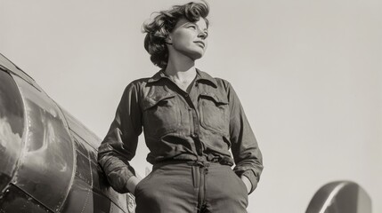 Woman, airplane, confident, outdoors, monochrome.