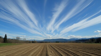 Fototapeta premium Expansive Blue Sky with Wispy Clouds Over Agricultural Landscape
