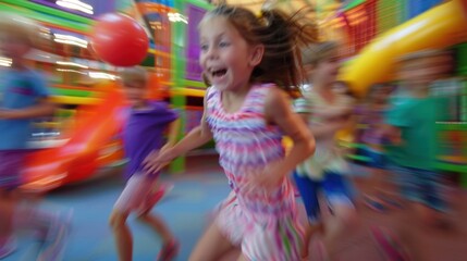 Dim blurred shapes of kids having a ball in a lively indoor play space.