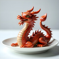 Obraz premium A stunning red dragon figurine elegantly resting on a white plate surrounded by soft light, photography of still life concept.