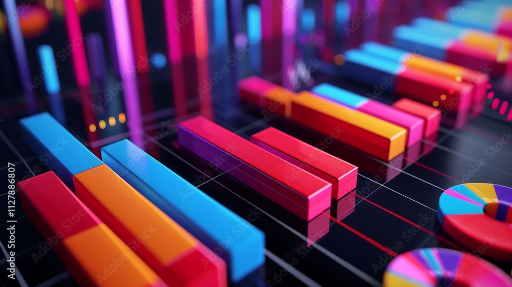 Poster 3d business data visualization of sales growth with colorful bar graphs and rotating pie charts, sho