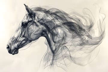 Dynamic charcoal sketch of a galloping horse with flowing mane captured in a serene landscape setting. Animal art concept