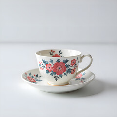 Delicate floral tea cup and saucer on a minimalist surface, perfect for afternoon tea enthusiasts and home decor inspiration, photography of still life concept.