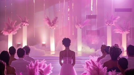 Woman holding candle at breast cancer awareness event with pink lighting.