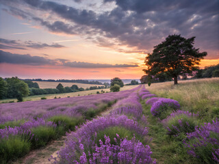 field, landscape, lavender, flower, sky, nature, purple, summer, flowers, sunset, heather, countryside, agriculture, provence, green, meadow, spring, france, tree, pink, rural, farm, grass, plant, blu