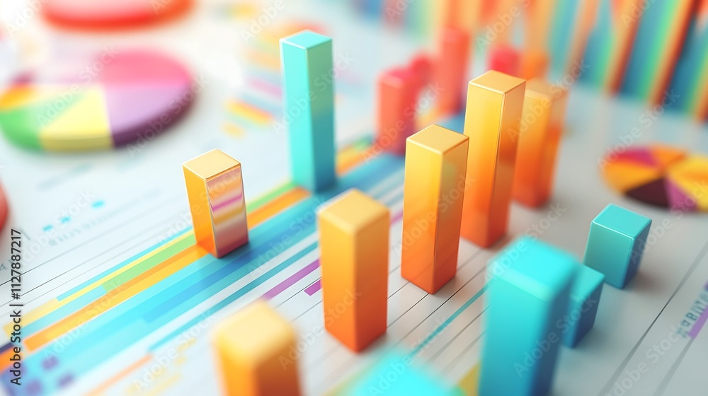 Poster 3d business data visualization of sales growth with colorful bar graphs and rotating pie charts, sho