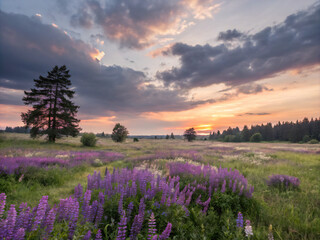 Fototapeta premium lavender field at sunset. sunset, sky, landscape, field, nature, sun, summer, flower, lavender, meadow, sunrise, cloud, clouds, grass, tree, purple, green, beauty, rural, spring, morning, countryside,