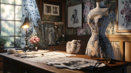 A photorealistic, ultra-detailed fashion designer's workspace in high resolution