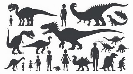 Silhouettes of various dinosaurs and people on a white background.