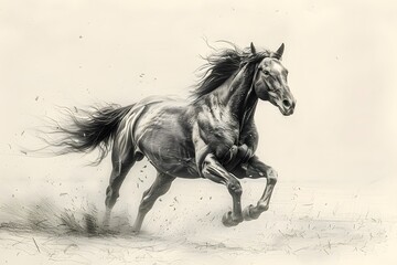 Dynamic charcoal sketch of a galloping horse with flowing mane captured in a serene landscape setting. Animal art concept