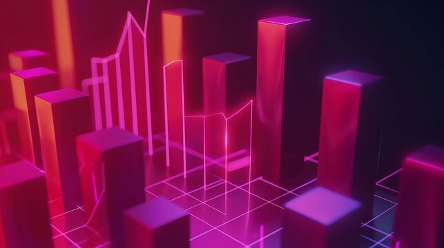 3D graph visualization of business statistics with an upward trend, incorporating rotating cubes, glowing data points, and smooth transitions.