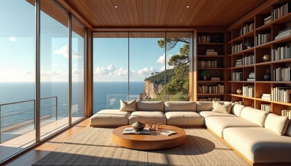 Fototapeta premium Luxury living room with ocean view. Large windows offer panoramic views. Modern beige sectional couch placed in front of large wooden bookshelf. Round coffee table complements interior design.
