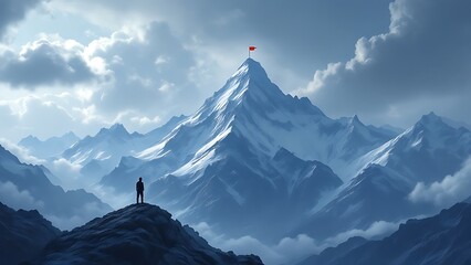 Business success challenge and climbing a high mountain metaphor as a businessman with a goal of retreiving a red flag from the peak or summit