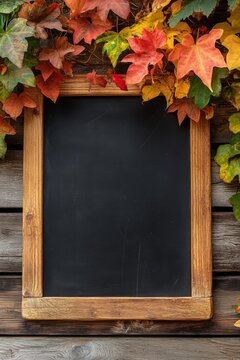 Blank message board with colorful Fall foliage background. Seasonal theme for greeting card background.