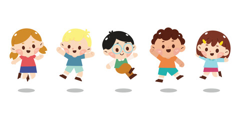 Cute jumping kids characters design vector set. Collection children fun  of kindergarten, girls, boys with different poses, happy, smile. Back to school with kids illustration for education.