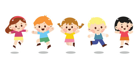 Cute jumping kids characters design vector set. Collection children fun  of kindergarten, girls, boys with different poses, happy, smile. Back to school with kids illustration for education.