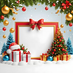 Merry Christmas greetings Happy New Year wishes and Xmas elegant Christmas card, banner, floral frames, gift boxes, Santa Claus, Christmas decor and blank card on a white background. Space for text.