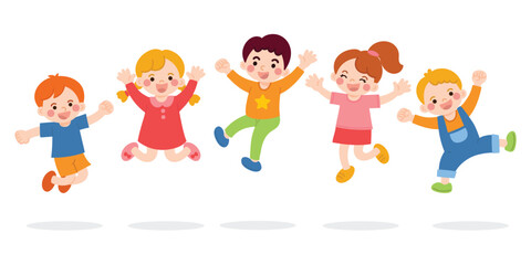 Cute jumping kids characters design vector set. Collection children fun  of kindergarten, girls, boys with different poses, happy, smile. Back to school with kids illustration for education.