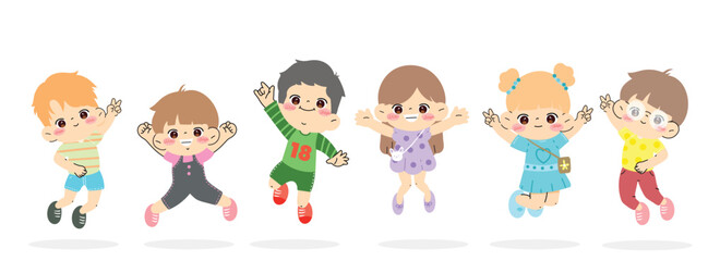 Cute jumping kids characters design vector set. Collection children fun  of kindergarten, girls, boys with different poses, happy, smile. Back to school with kids illustration for education.