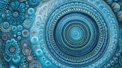 A complex mandala pattern with concentric circles and intricate details in shades of blue and turquoise.