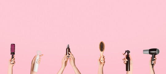 Collage with female hands holding different hair care products and equipment over pink background, copy space. Panorama