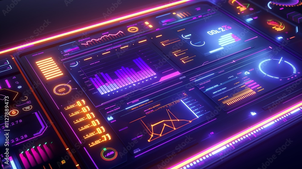 Poster 3d model of a digital dashboard with glowing bar graphs, line charts, and interactive data points vi