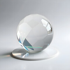 Translucent faceted sphere sitting on a glossy surface with subtle reflections and prism effects, 3d rendering of still life concept.