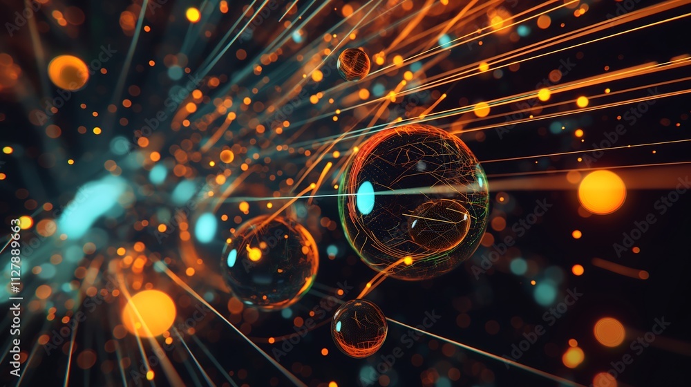 Poster abstract 3d business data visualization of profit and loss trends with animated spheres and glowing 