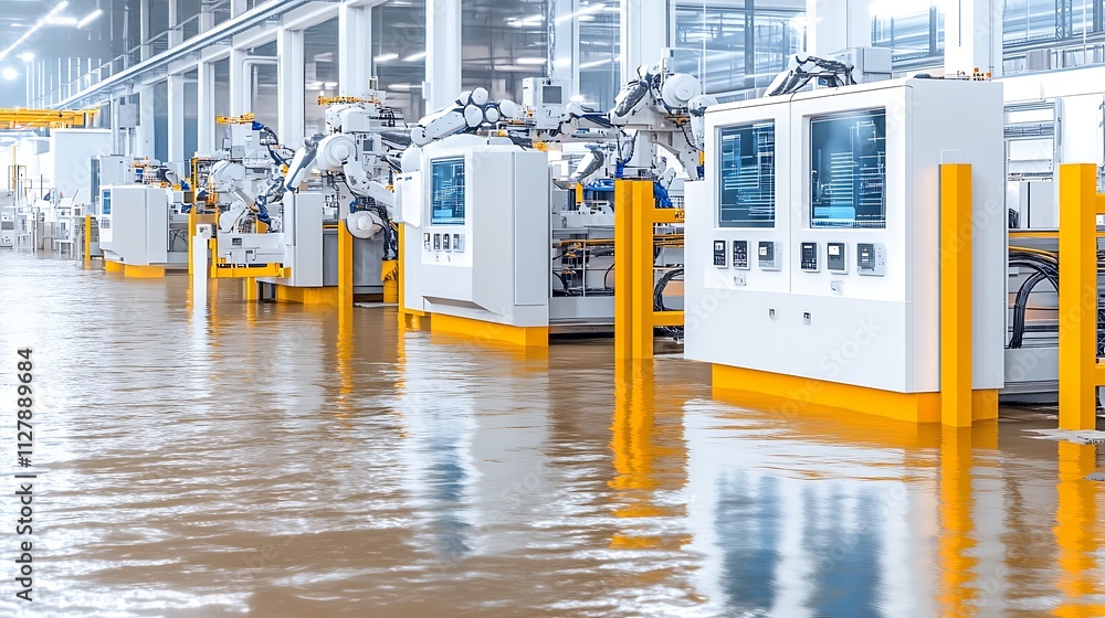Poster flooded factory floor with industrial robots and control panels.