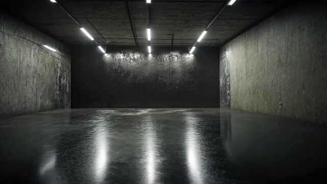Spacious, empty industrial room featuring polished concrete floor and modern lighting, creating minimalist atmosphere with bright overhead illumination.